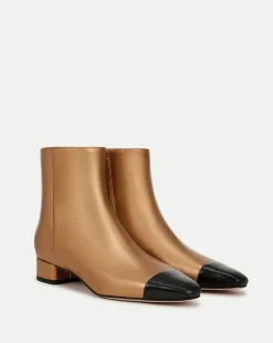 Cecile Leather Cap-Toe Bootie in Gold/Black