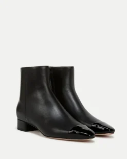 Cecile Leather Cap-Toe Bootie in Black/Black
