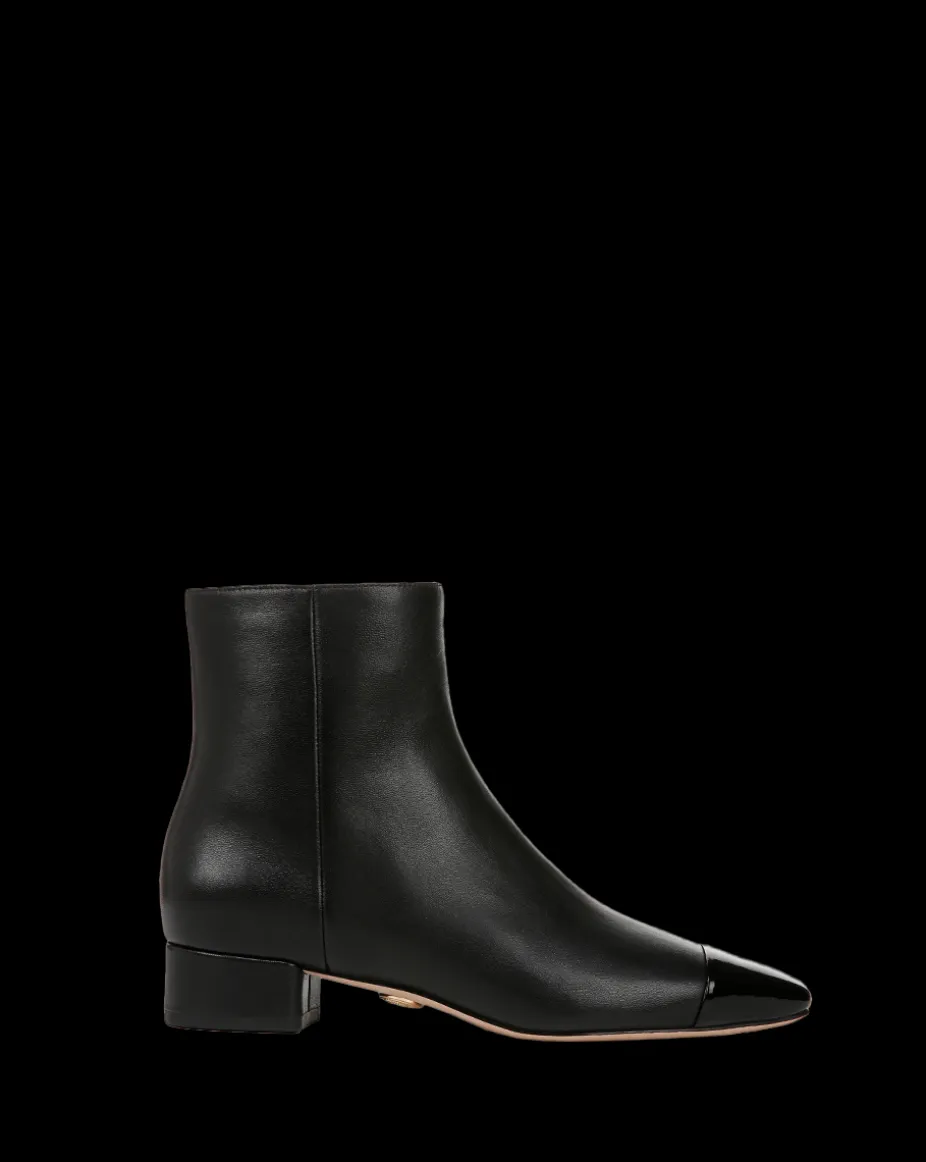 Cecile Leather Cap-Toe Bootie in Black/Black