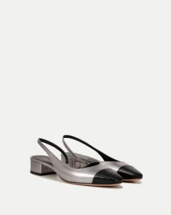Cecile Leather Cap-Toe Slingback in Silver/Black