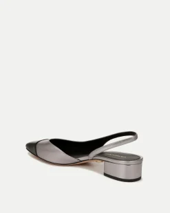 Cecile Leather Cap-Toe Slingback in Silver/Black