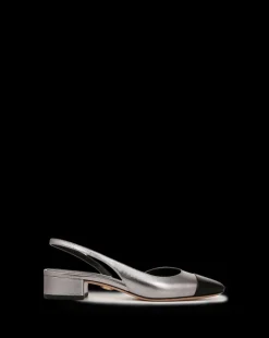 Cecile Leather Cap-Toe Slingback in Silver/Black