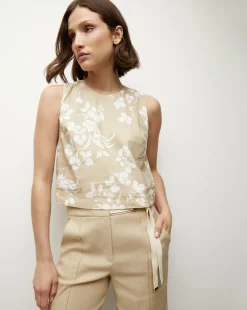 Clarendon Stretch-Linen Top in Stone Khaki/Off-White