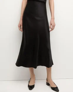 Clover Stretch Silk Midi Skirt in Black
