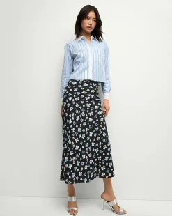 Clover Stretch-Silk Floral Skirt in Navy Multi
