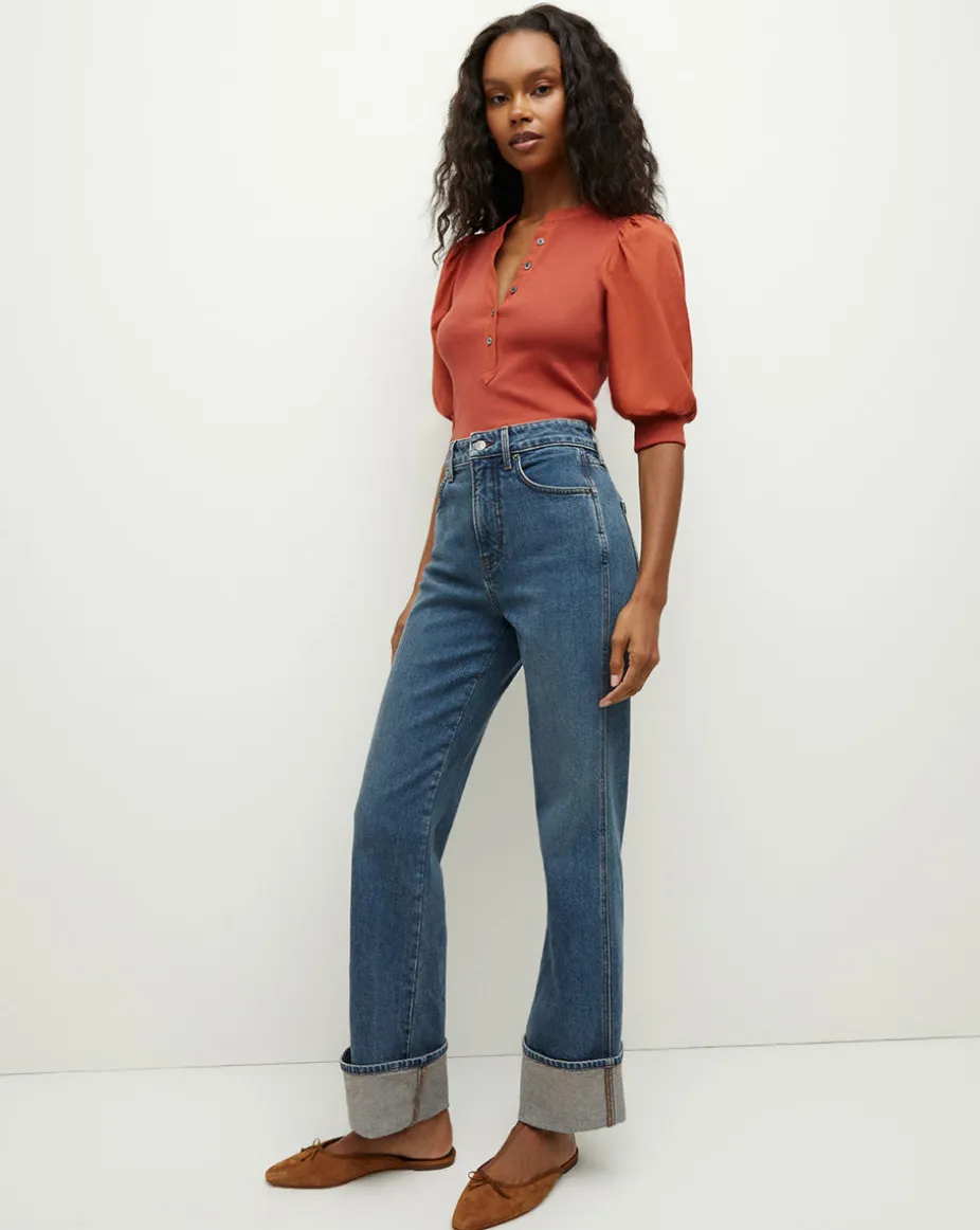 Coralee Puff-Sleeve Top in Brick Red