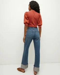 Coralee Puff-Sleeve Top in Brick Red