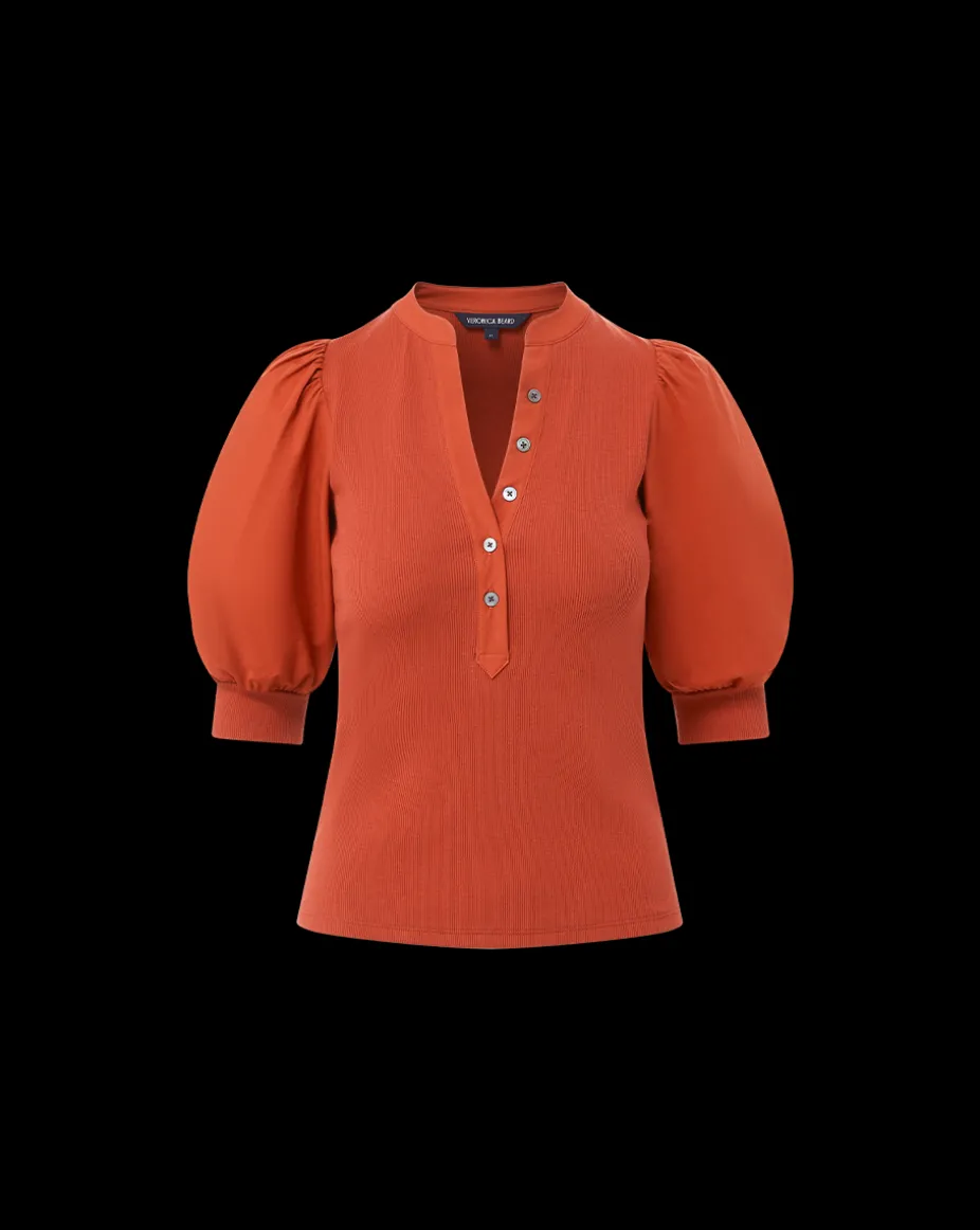 Coralee Puff-Sleeve Top in Brick Red