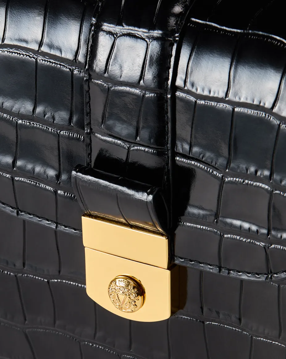 Crest Lock Croc-Embossed Top Handle Bag in Black