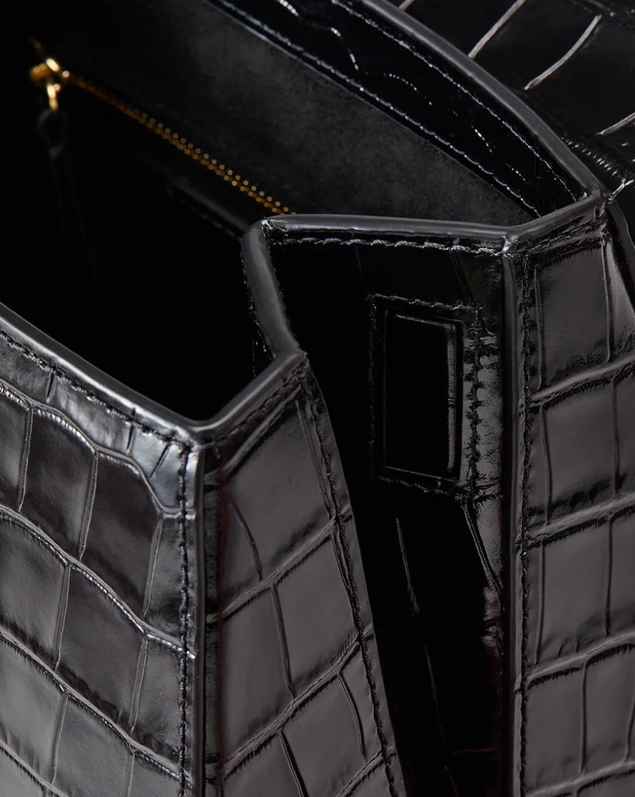 Crest Lock Croc-Embossed Top Handle Bag in Black