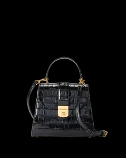 Crest Lock Croc-Embossed Top Handle Bag in Black