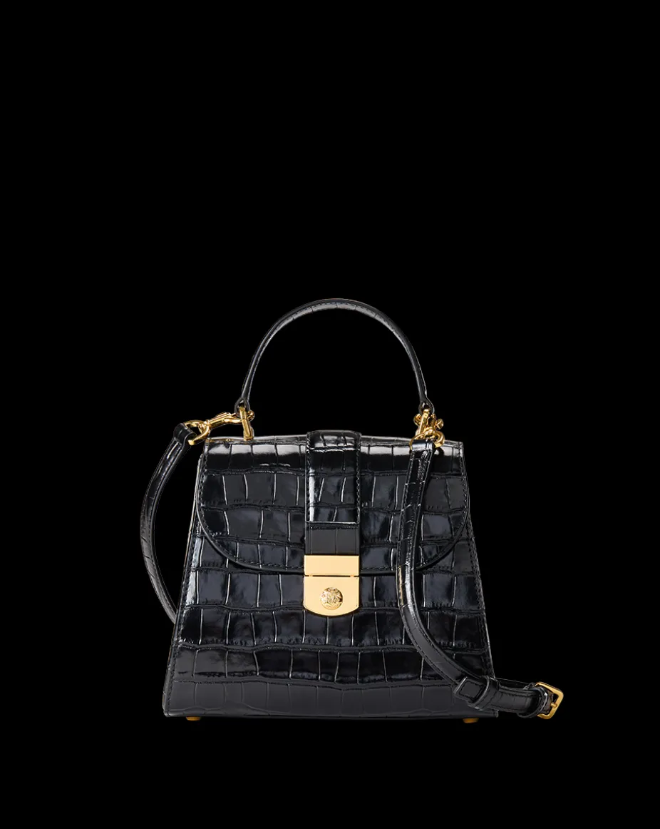 Crest Lock Croc-Embossed Top Handle Bag in Black