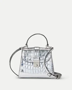 Crest Lock Croc-Embossed Top Handle Bag in Silver