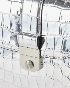 Crest Lock Croc-Embossed Top Handle Bag in Silver