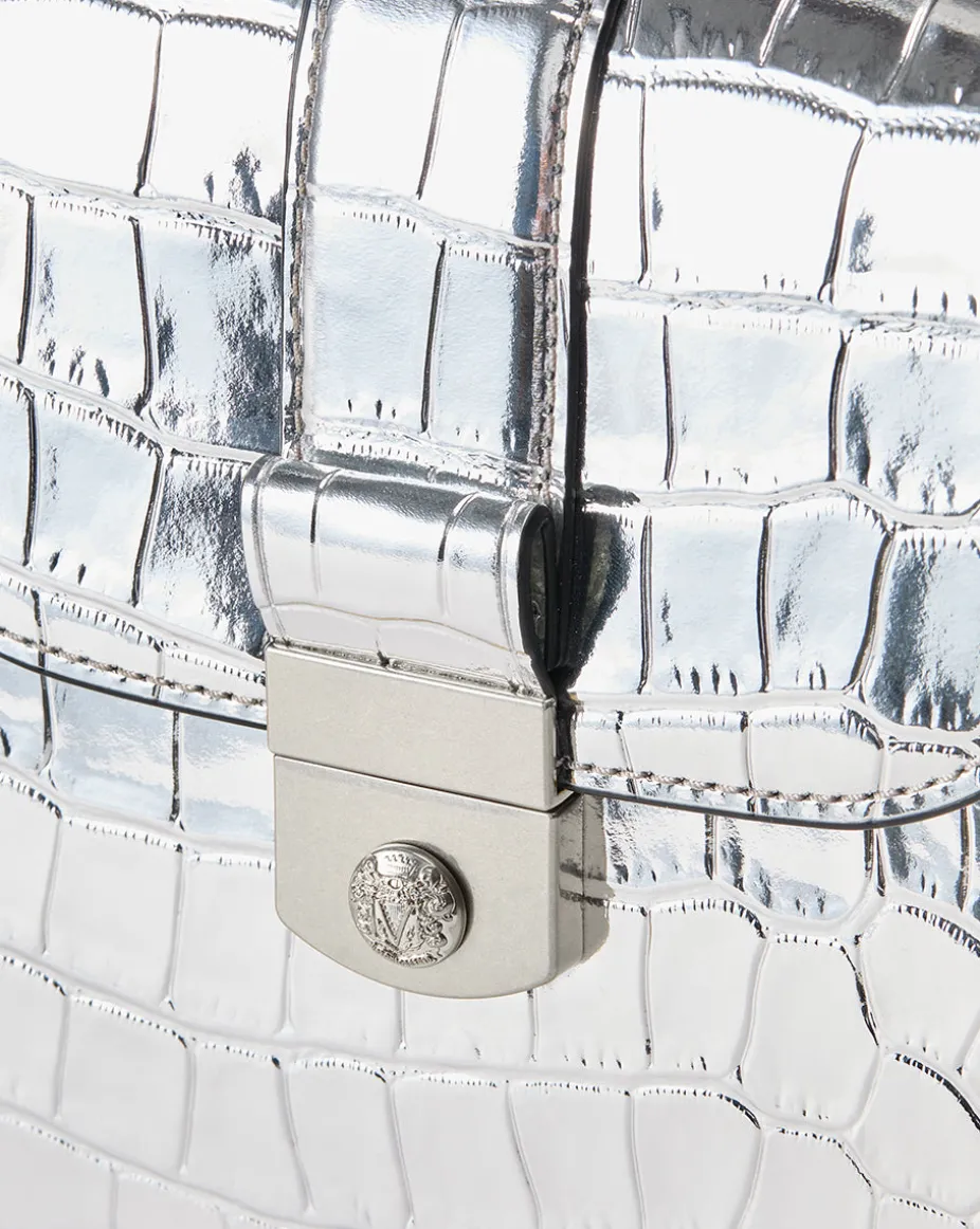 Crest Lock Croc-Embossed Top Handle Bag in Silver