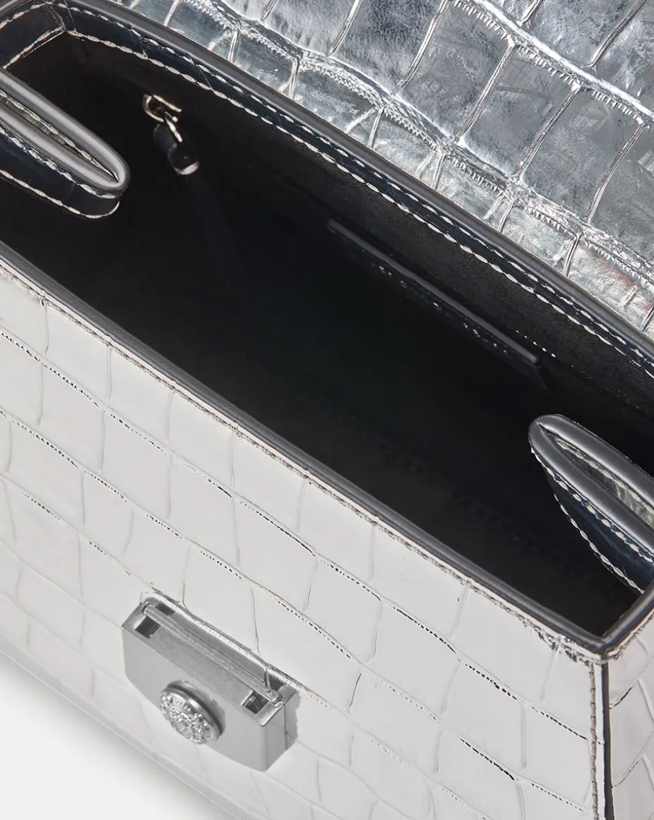 Crest Lock Croc-Embossed Top Handle Bag in Silver