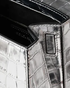 Crest Lock Croc-Embossed Top Handle Bag in Silver