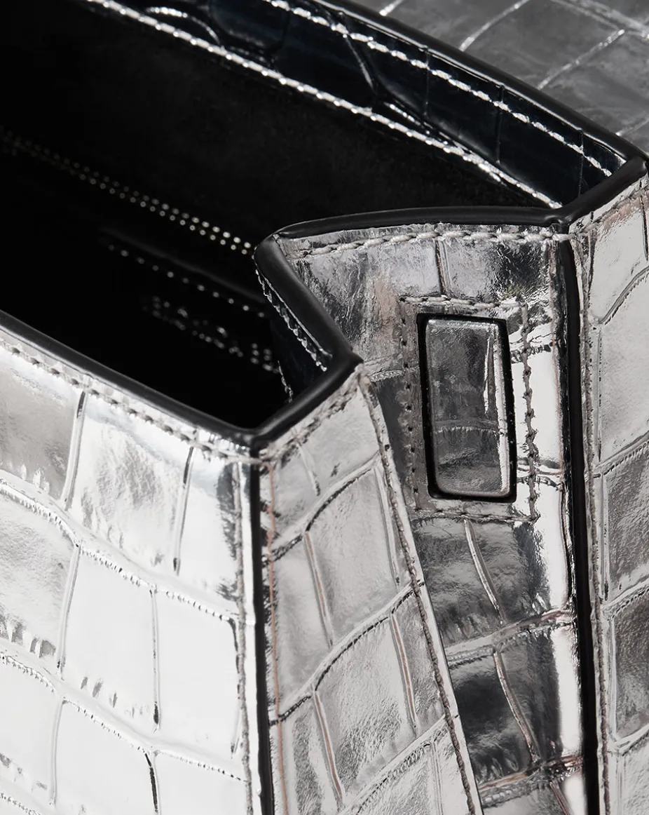Crest Lock Croc-Embossed Top Handle Bag in Silver