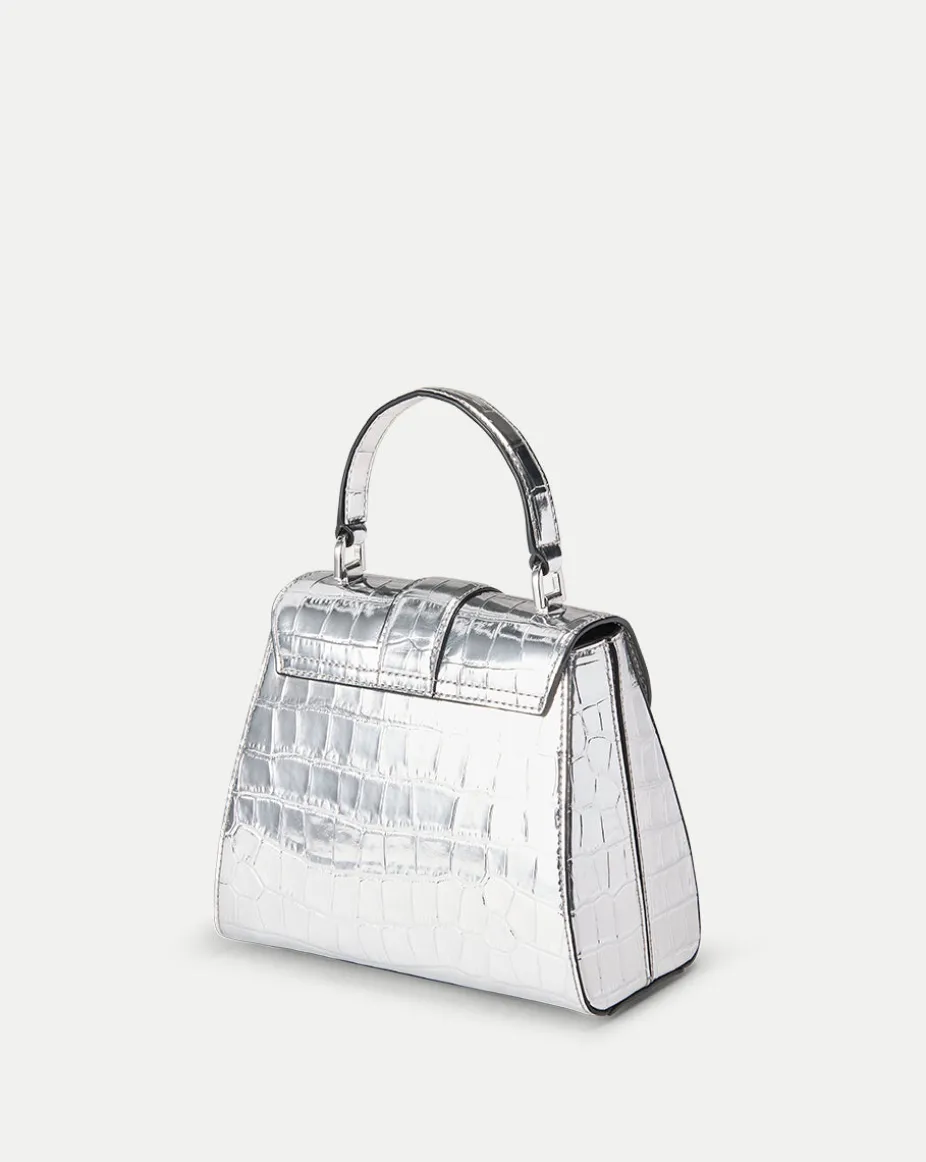 Crest Lock Croc-Embossed Top Handle Bag in Silver