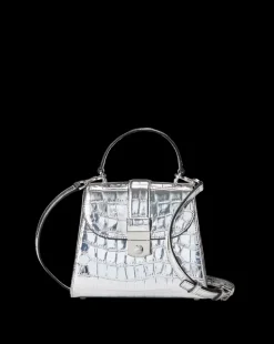 Crest Lock Croc-Embossed Top Handle Bag in Silver