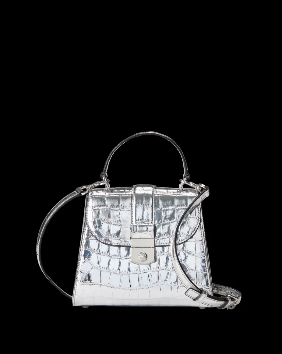 Crest Lock Croc-Embossed Top Handle Bag in Silver