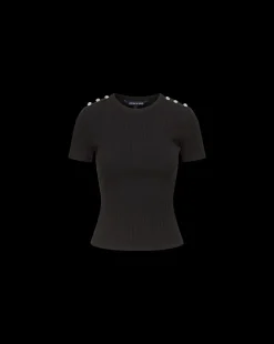 Draya Rhinestone Button Tee in Black