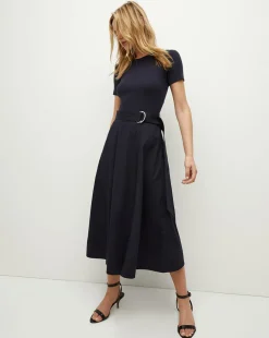 Facia Mixed-Media Dress in Navy