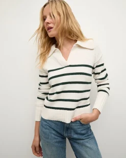 Jovie Striped V Neck Sweater in Ivory & Green