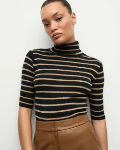 Katrina Merino Wool Striped Sweater in Navy & Khaki