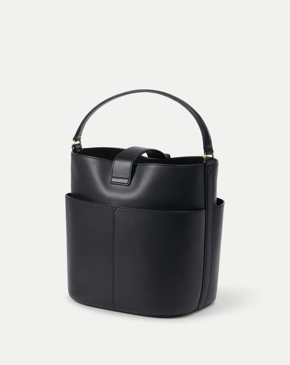 Large Crest Lock Bucket Bag in Black