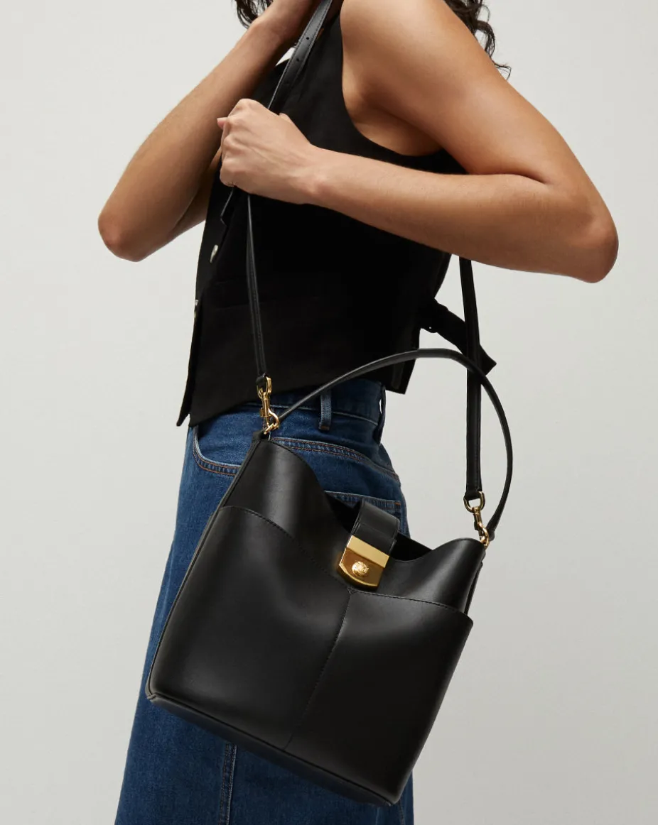Large Crest Lock Bucket Bag in Black