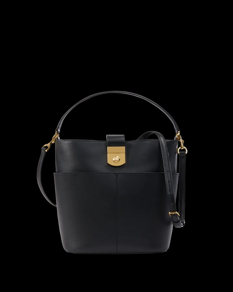Large Crest Lock Bucket Bag in Black