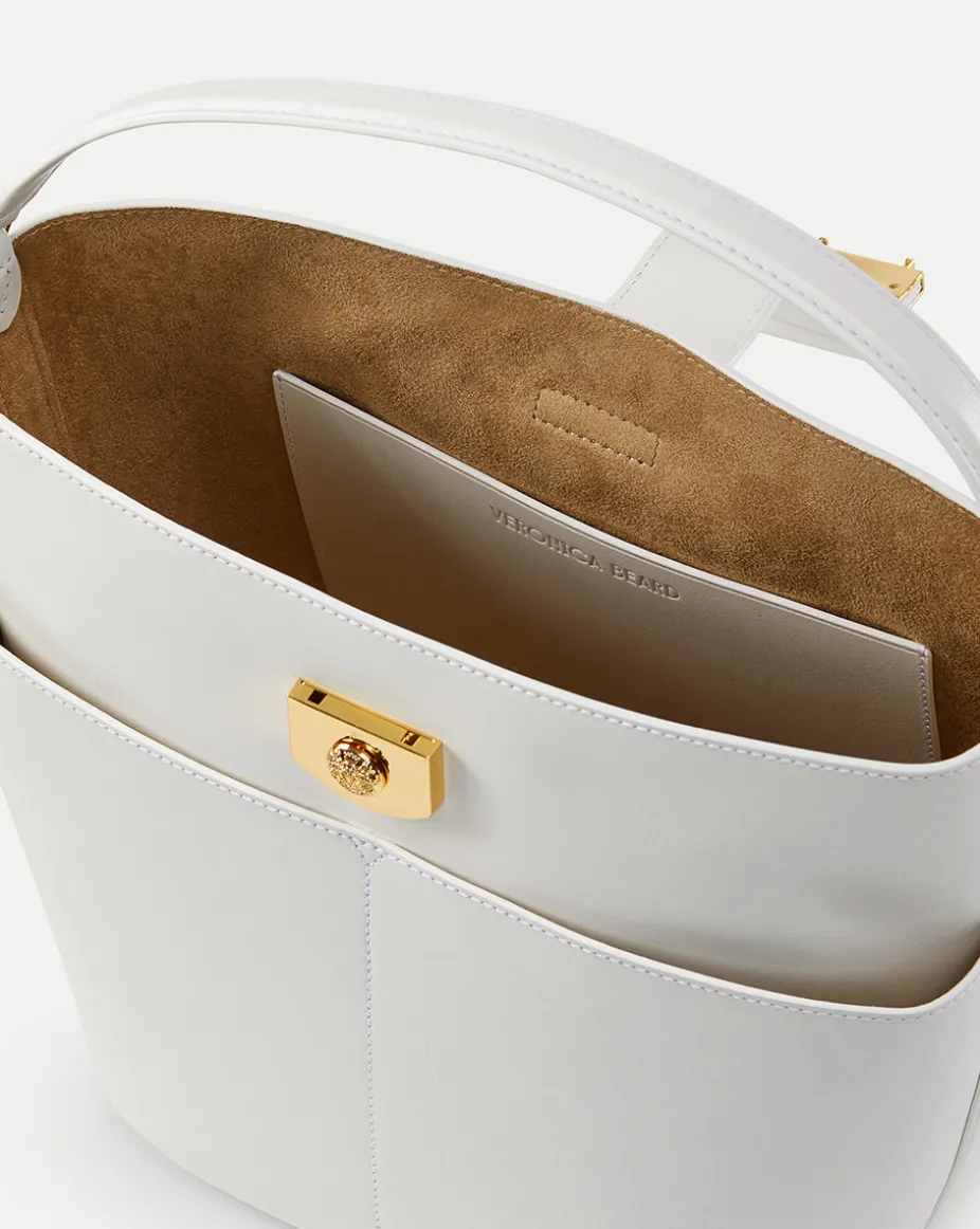 Large Crest Lock Bucket Bag in Off-White