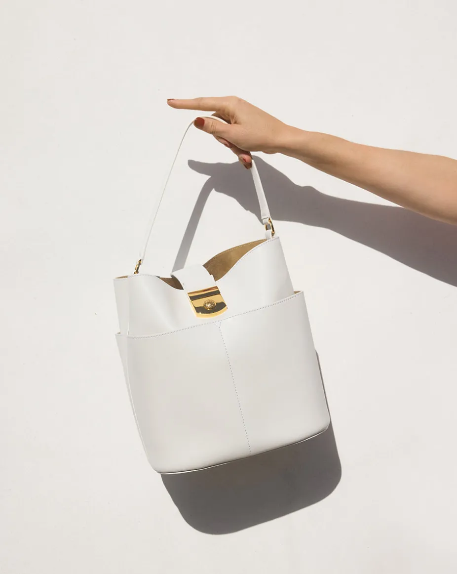 Large Crest Lock Bucket Bag in Off-White