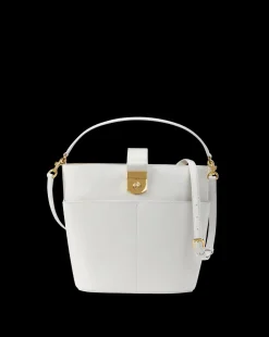 Large Crest Lock Bucket Bag in Off-White