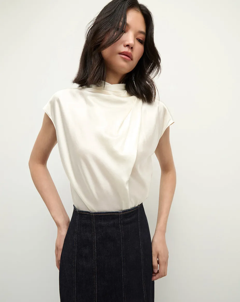 Leilany High Neck Silk Top in Ivory