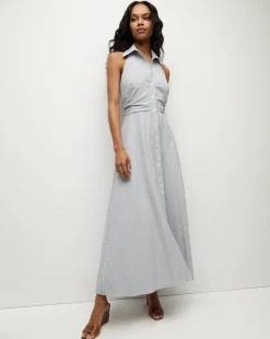 Mackey Seersucker Halter Dress in Blue/White