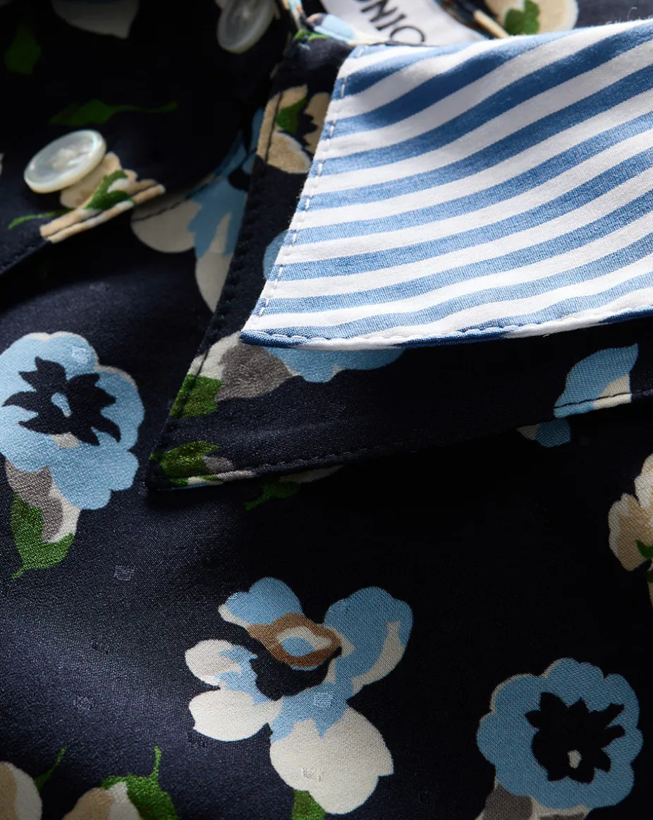 Maia Floral Silk Double-Collar Shirt in Navy Multi