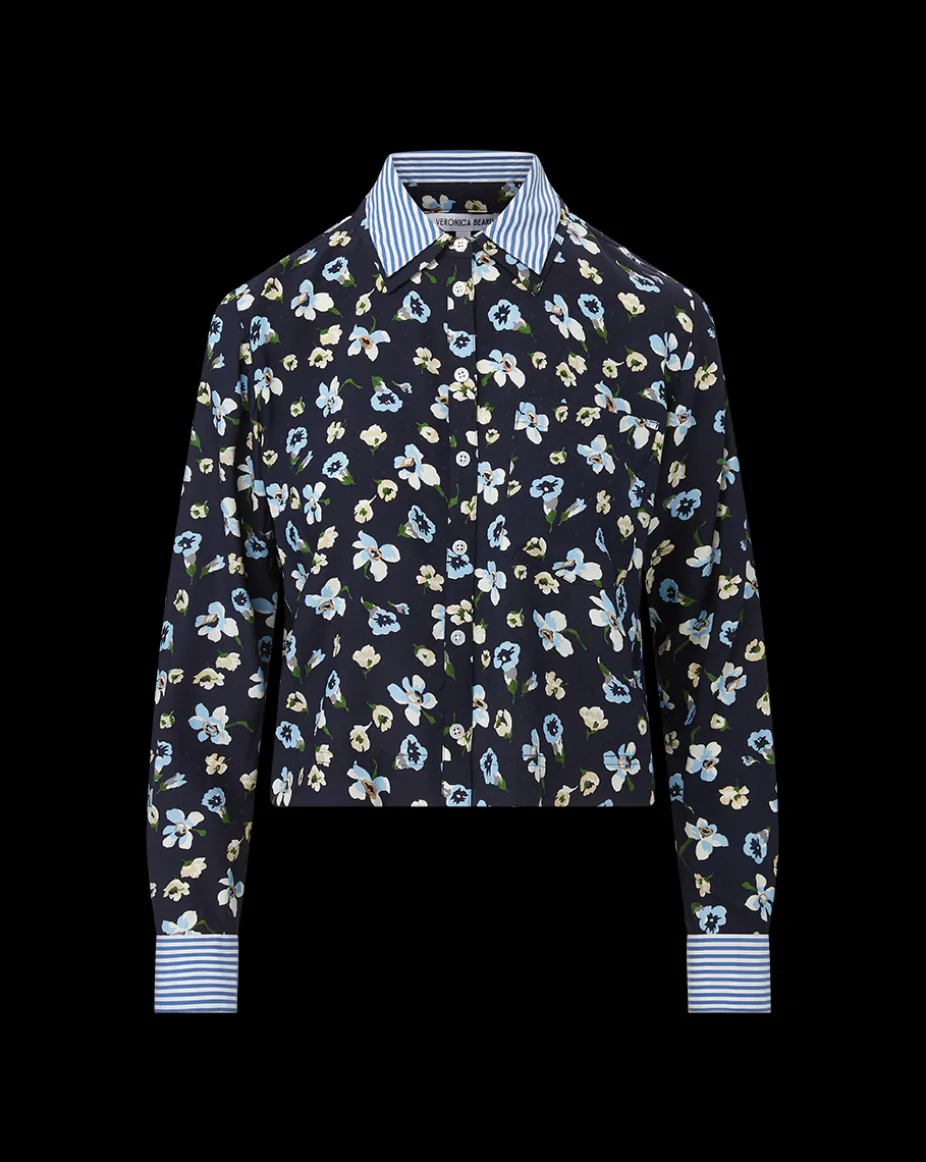 Maia Floral Silk Double-Collar Shirt in Navy Multi