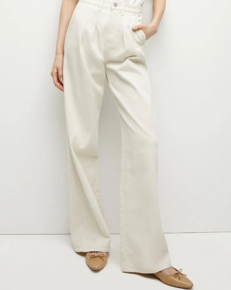 Mia Ecru Mid-Rise, Pleated Wide-Leg Jean