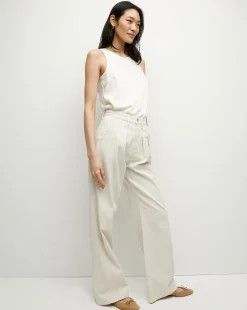 Mia Ecru Mid-Rise, Pleated Wide-Leg Jean