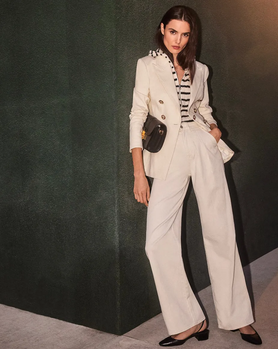 Mia Ecru Mid-Rise, Pleated Wide-Leg Jean