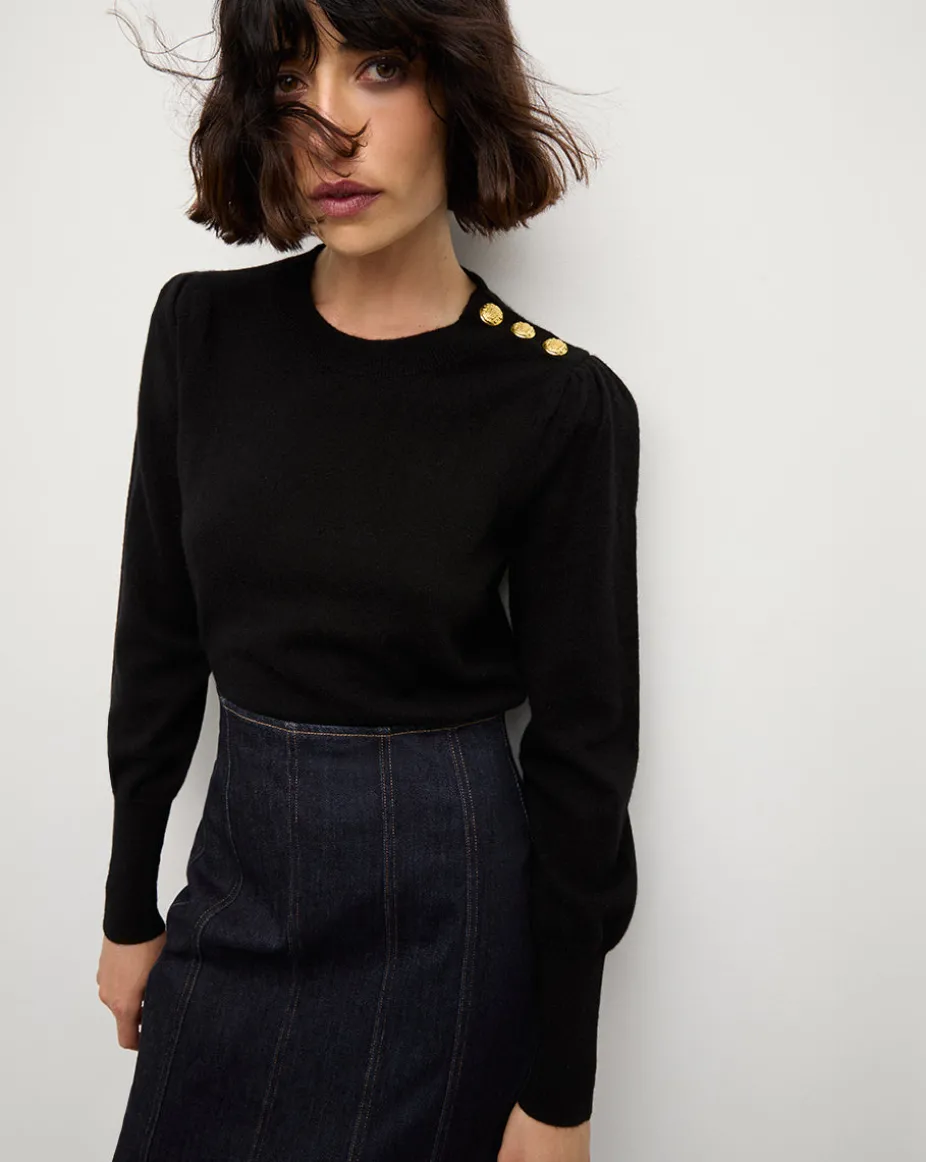 Nelia Cashmere Pullover | Button Accent in Black