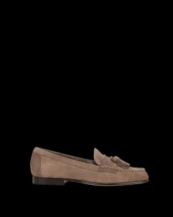 Penny Suede Tassel Loafer in Taupe