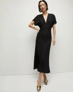 Seymour Black Short-Sleeve Silk Midi Dress