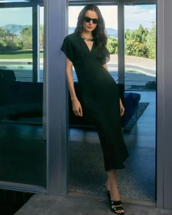 Seymour Black Short-Sleeve Silk Midi Dress