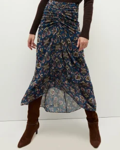 Sira Long Ruched Silk Skirt in Blue-Stone-Multi