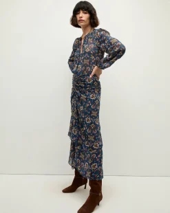 Sira Long Ruched Silk Skirt in Blue-Stone-Multi