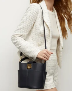 Small Crest Lock Bucket Bag in Navy