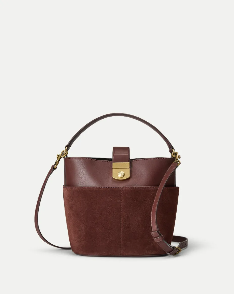Small Crest Lock Suede Bucket Bag in Chestnut